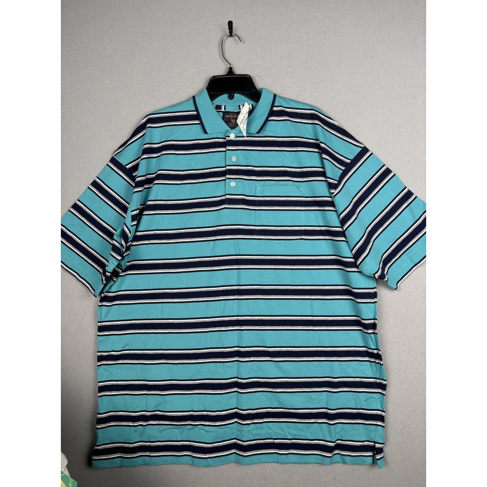Woolrich Polo Shirt Mens XL Blue Stripe Pocket 100% Cotton Knit Short Sleeve